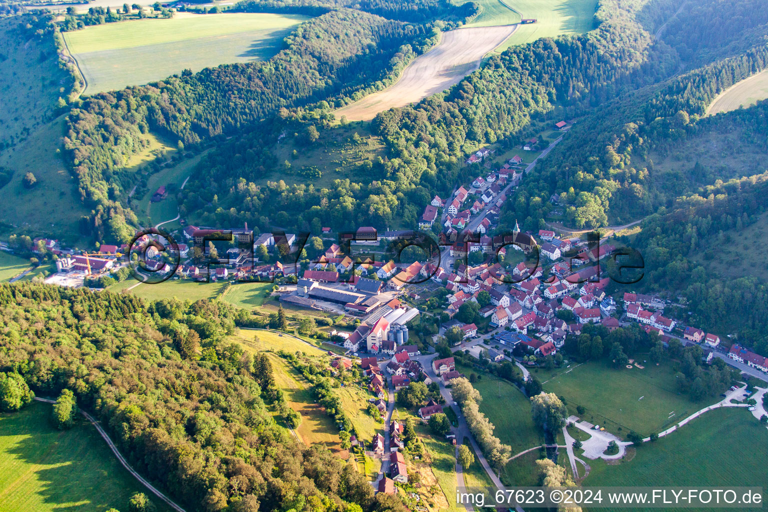 Aerial view of District Buttenhausen in Münsingen in the state Baden-Wuerttemberg, Germany