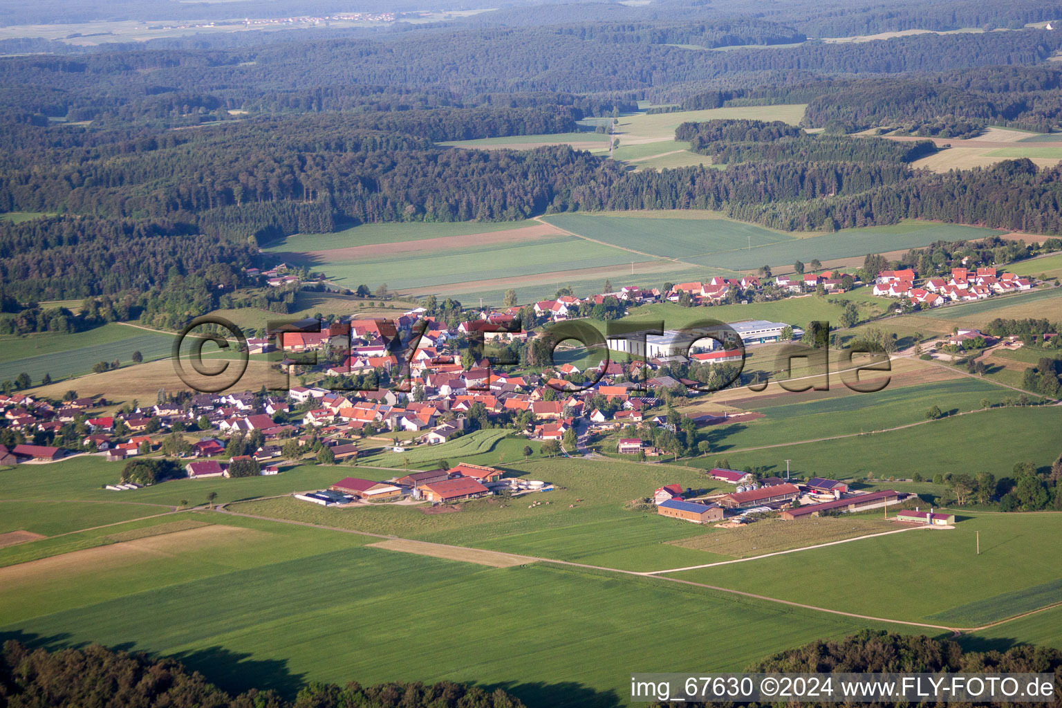 Village - view on the edge of agricultural fields and farmland in Eglingen in the state Baden-Wurttemberg, Germany