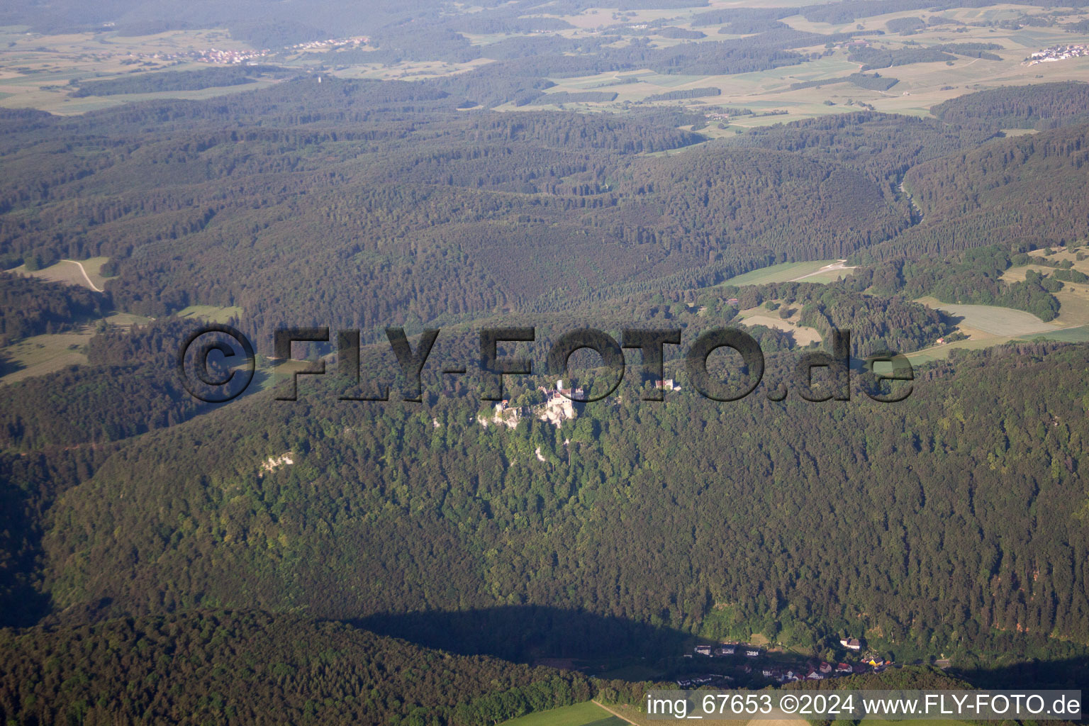 Aerial view of Castle Lichtenstein in the district Honau in Lichtenstein in the state Baden-Wuerttemberg, Germany