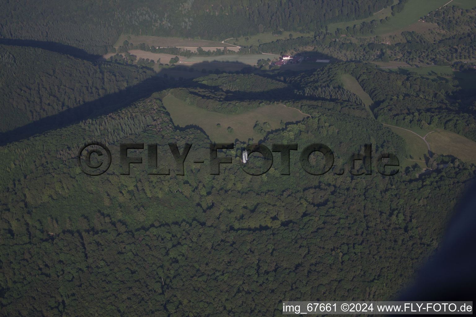 Aerial view of Structure of the observation tower Schoenbergturm in the forest in Pfullingen in the state Baden-Wurttemberg, Germany