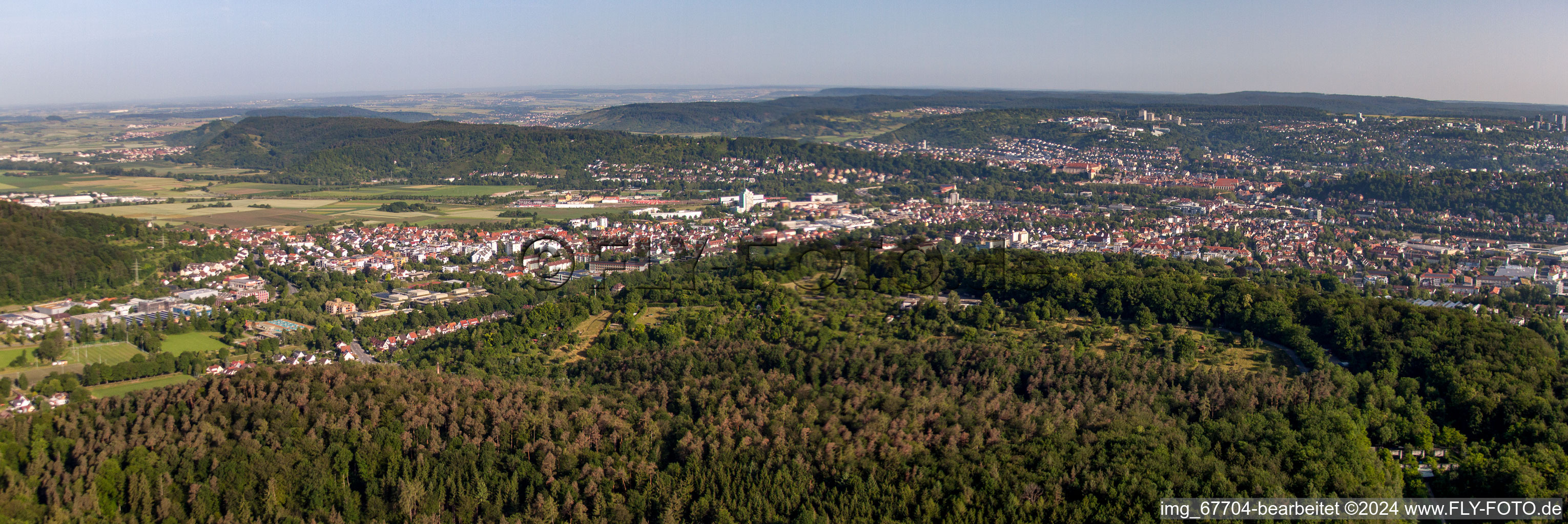 Panoramic perspective Town View of the streets and houses of the residential areas in Tuebingen in the state Baden-Wurttemberg, Germany