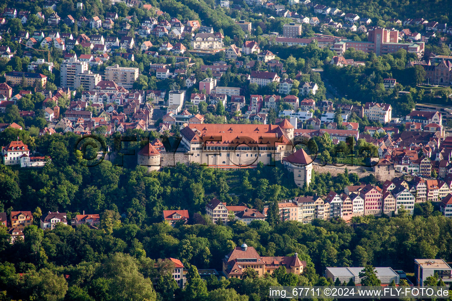 Aerial view of Castle of Schloss Hohentuebingen with Museum Alte Kulturen | in Tuebingen in the state Baden-Wurttemberg, Germany