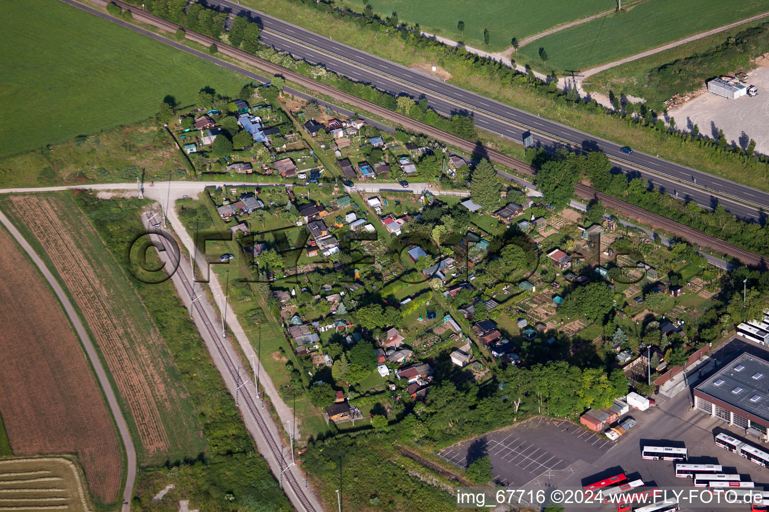 Allotment gardens on the B28 in the district Derendingen in Tübingen in the state Baden-Wuerttemberg, Germany