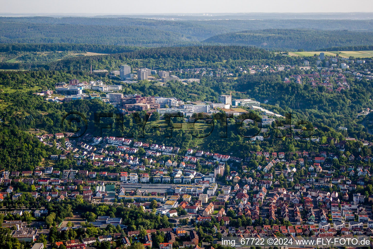 Aerial photograpy of Hospital grounds of the Clinic Medizinische Universitaetsklinik on Schnarrenberg in Tuebingen in the state Baden-Wurttemberg, Germany