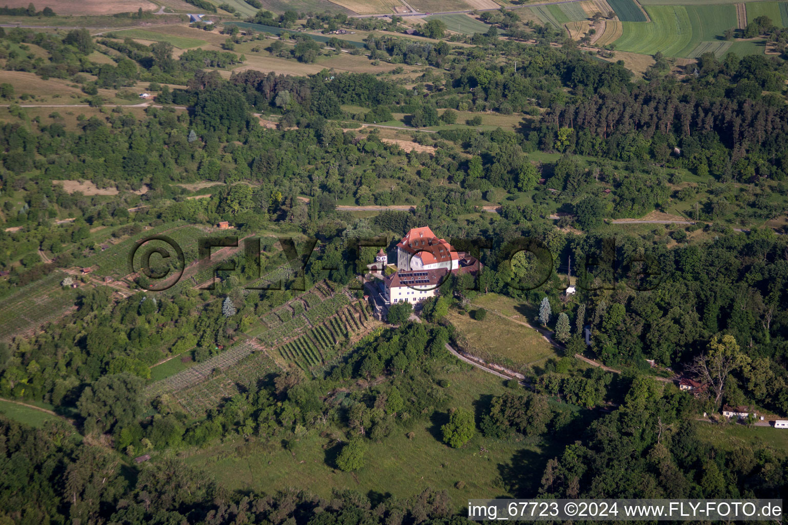 Aerial photograpy of Churches building the chapel Wurmlinger Kapelle - St. Remigius Kapelle in Tuebingen in the state Baden-Wurttemberg, Germany