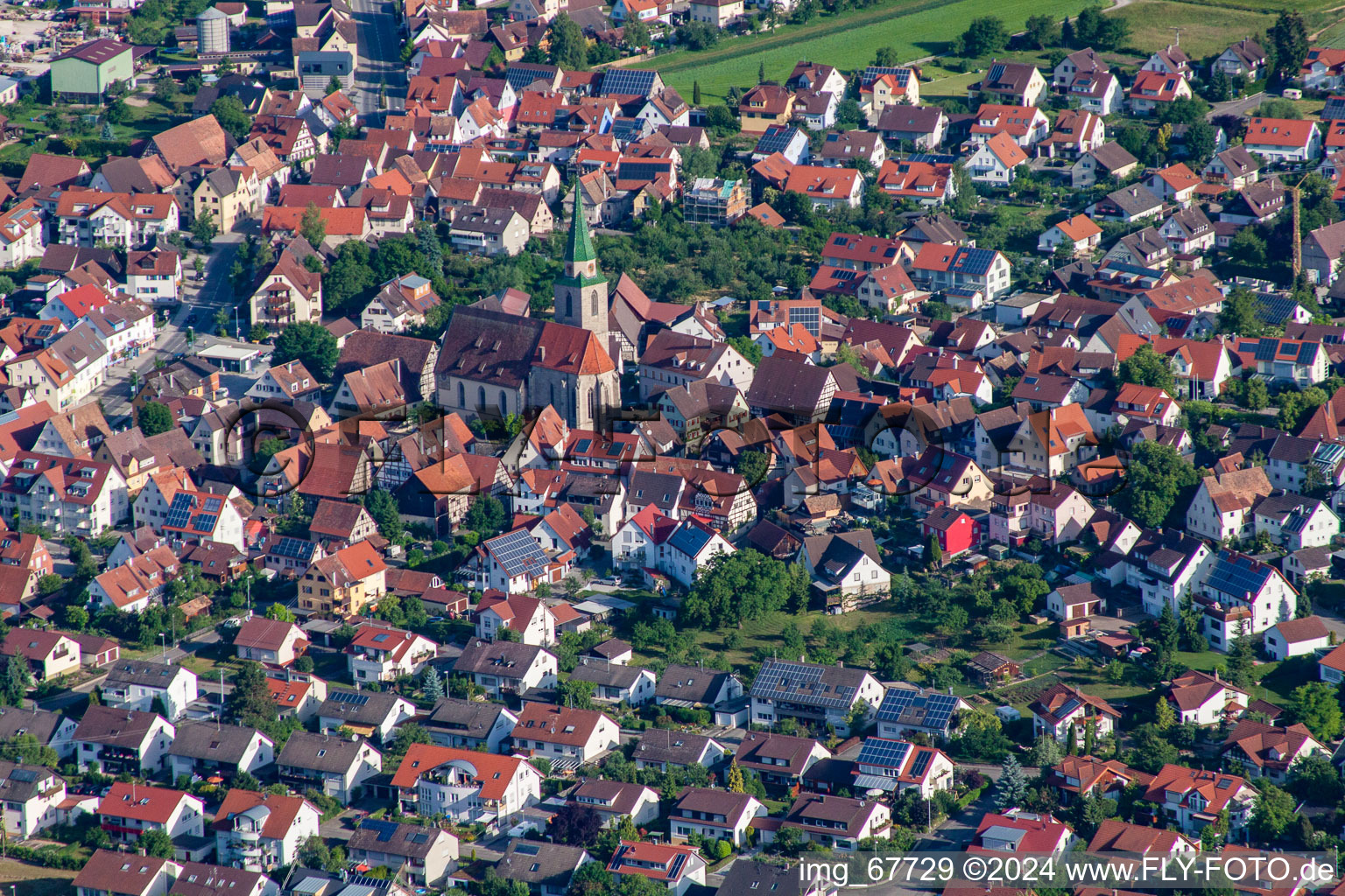 Aerial view of Town View of the streets and houses of the residential areas in the district Entringen in Ammerbuch in the state Baden-Wurttemberg