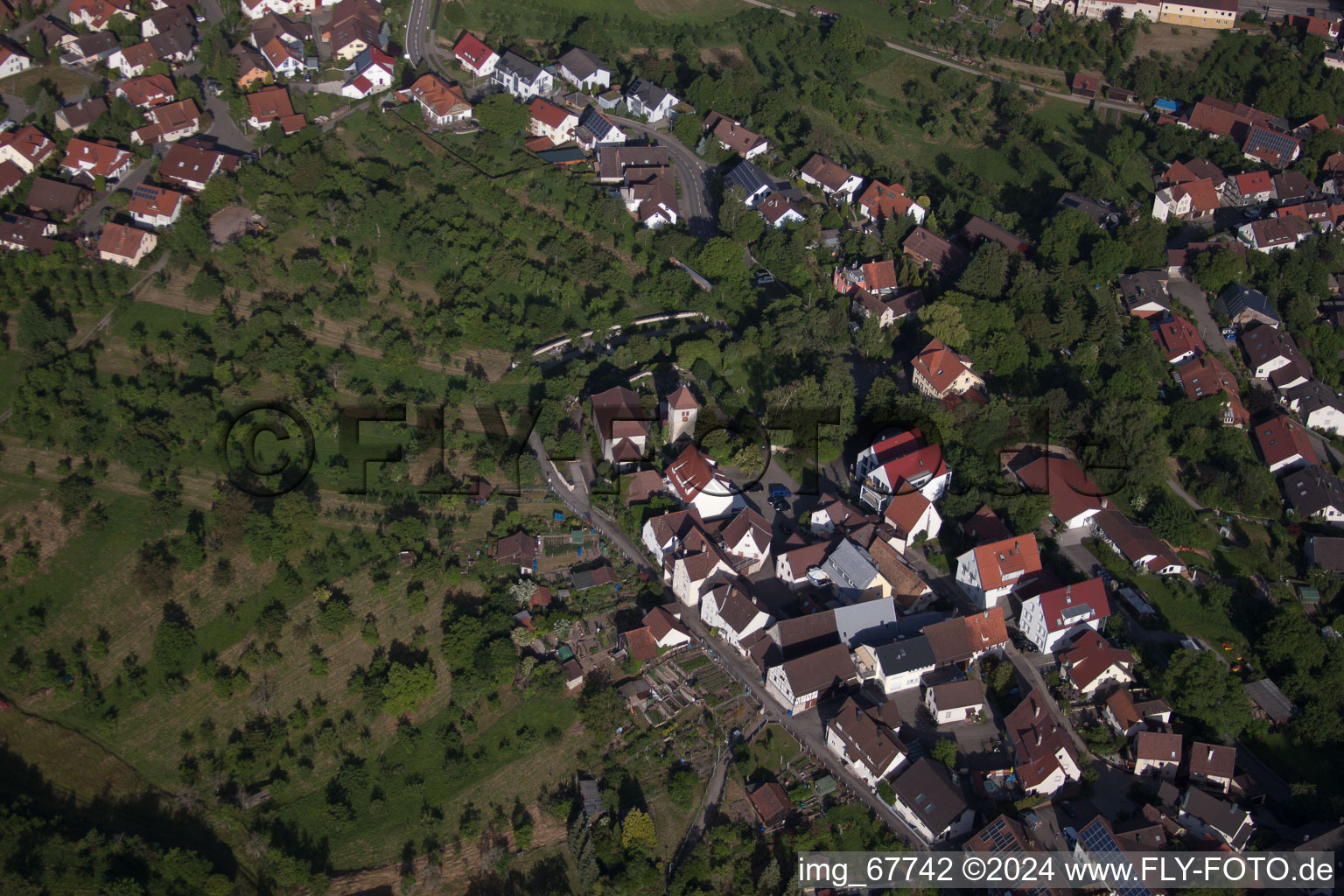 Aerial view of Michael's Church in the district Mönchberg in Herrenberg in the state Baden-Wuerttemberg, Germany