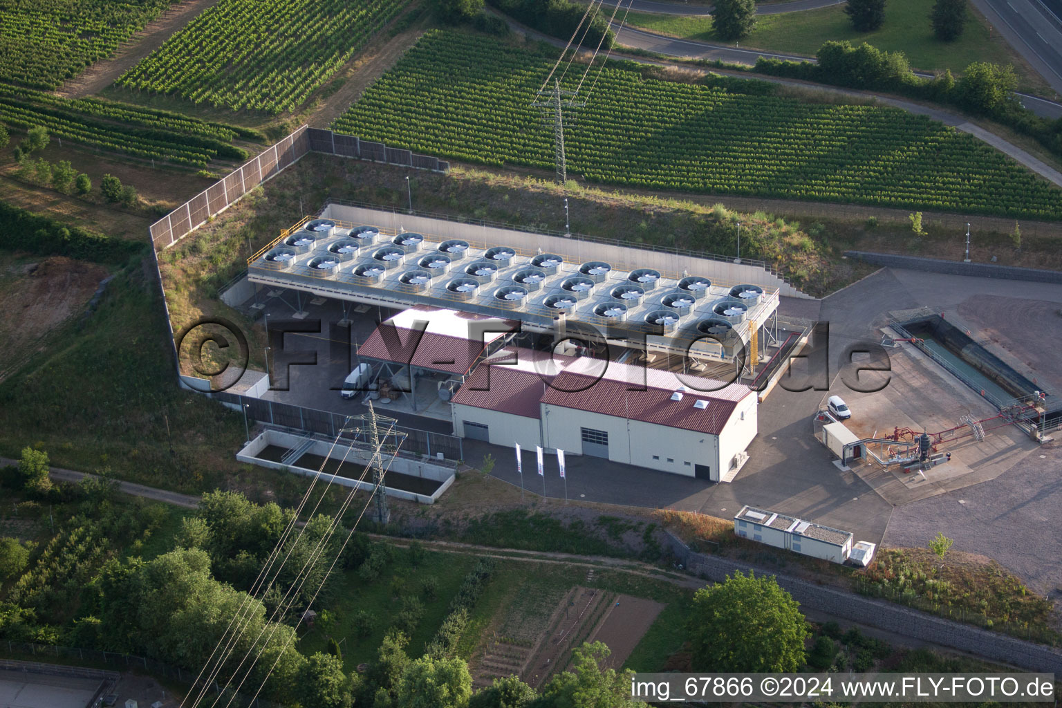 Power plants of thermal power station Geothermiekraftwerk in Insheim in the state Rhineland-Palatinate, Germany out of the air