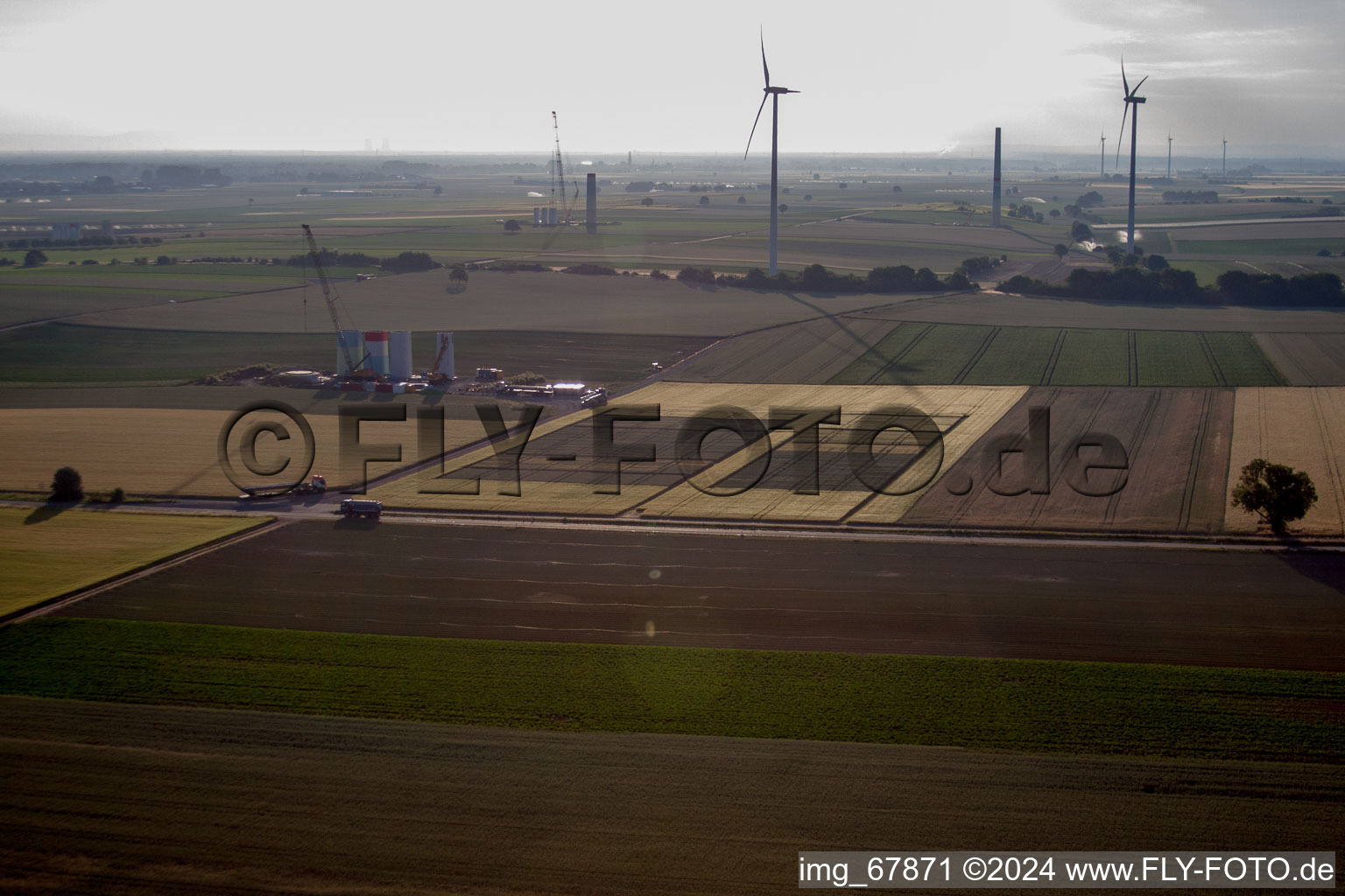 Aerial view of New wind farm in the district Offenbach in Offenbach an der Queich in the state Rhineland-Palatinate, Germany