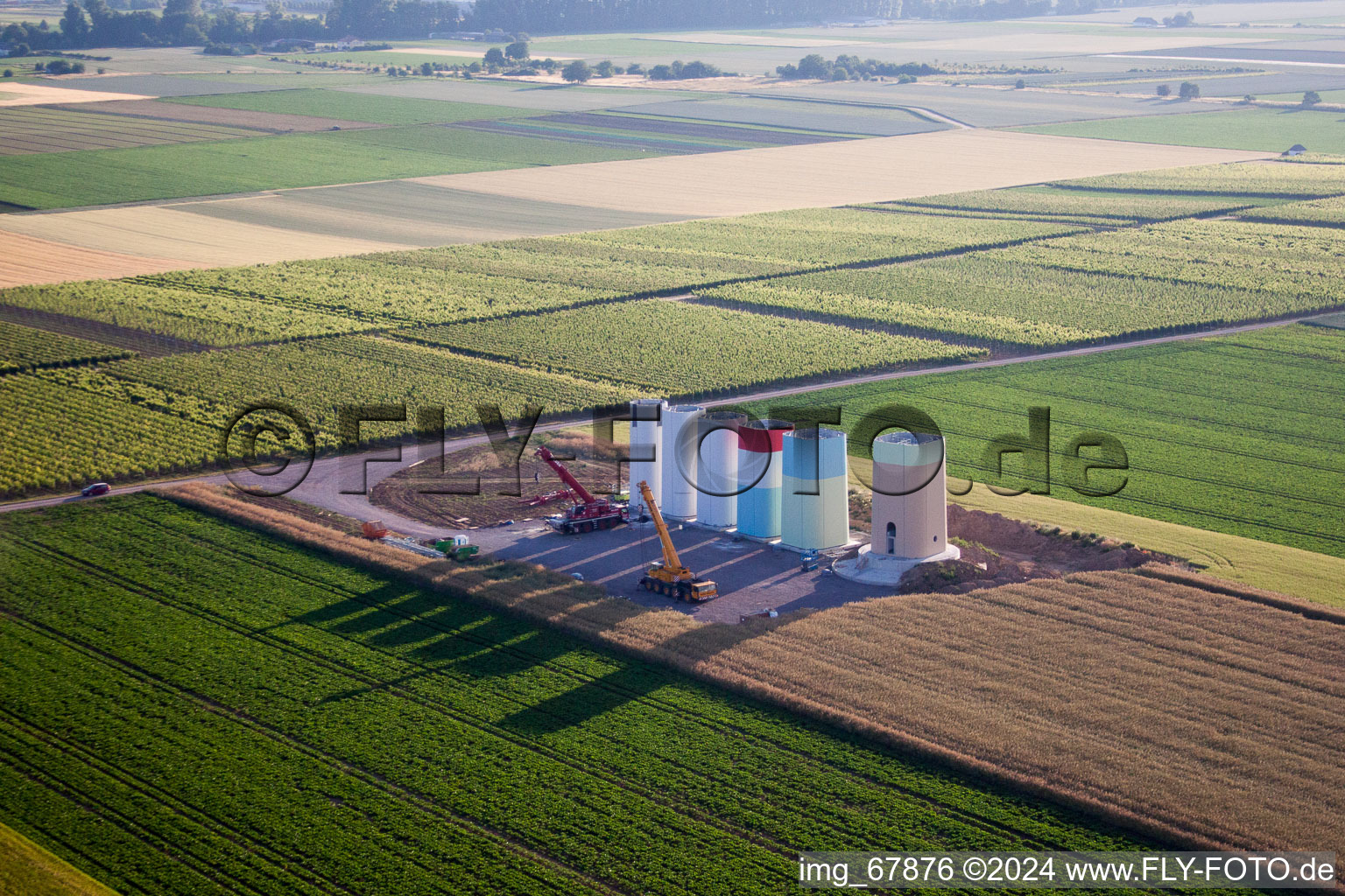 Oblique view of New wind farm in the district Offenbach in Offenbach an der Queich in the state Rhineland-Palatinate, Germany