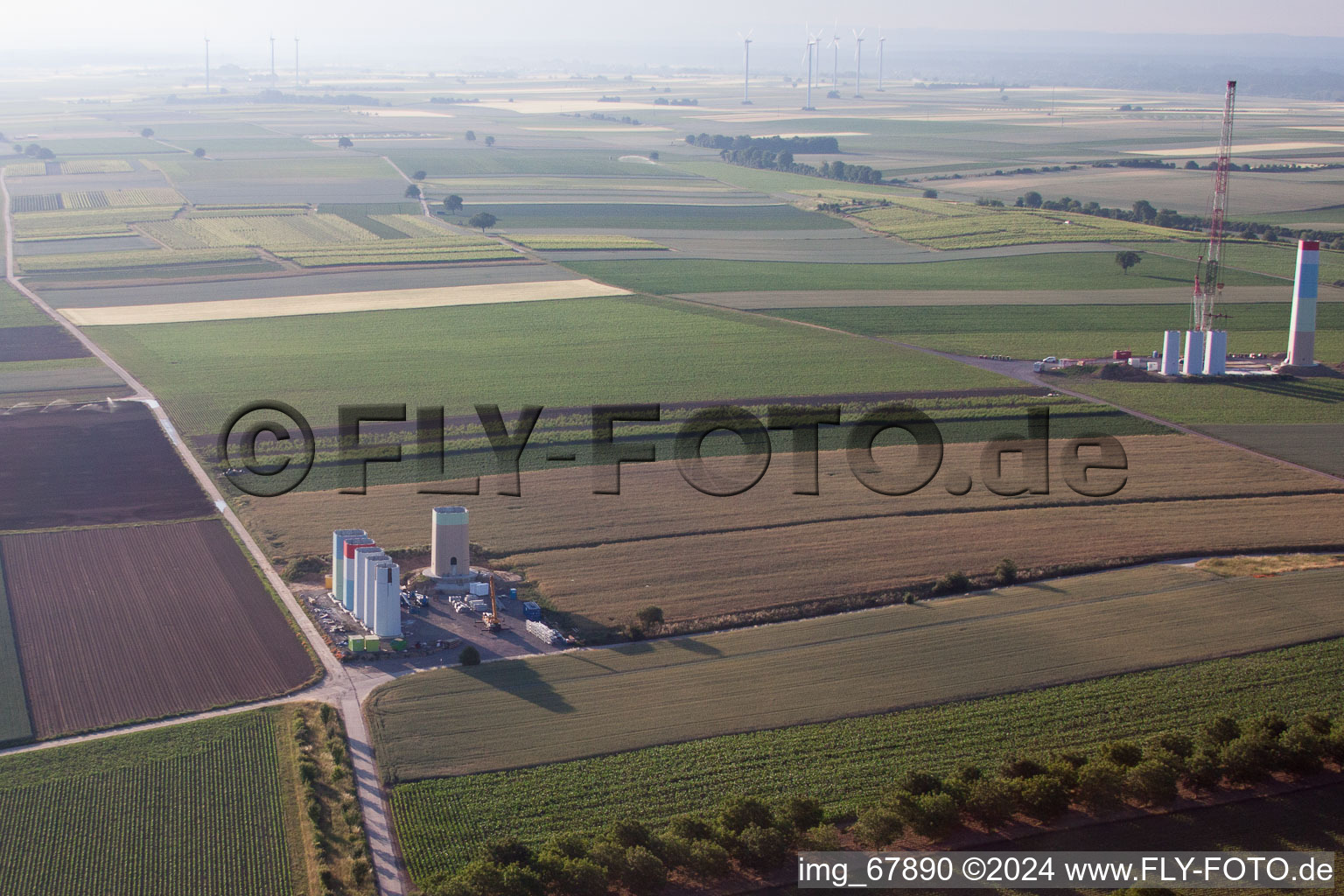Drone recording of New wind farm in Offenbach an der Queich in the state Rhineland-Palatinate, Germany