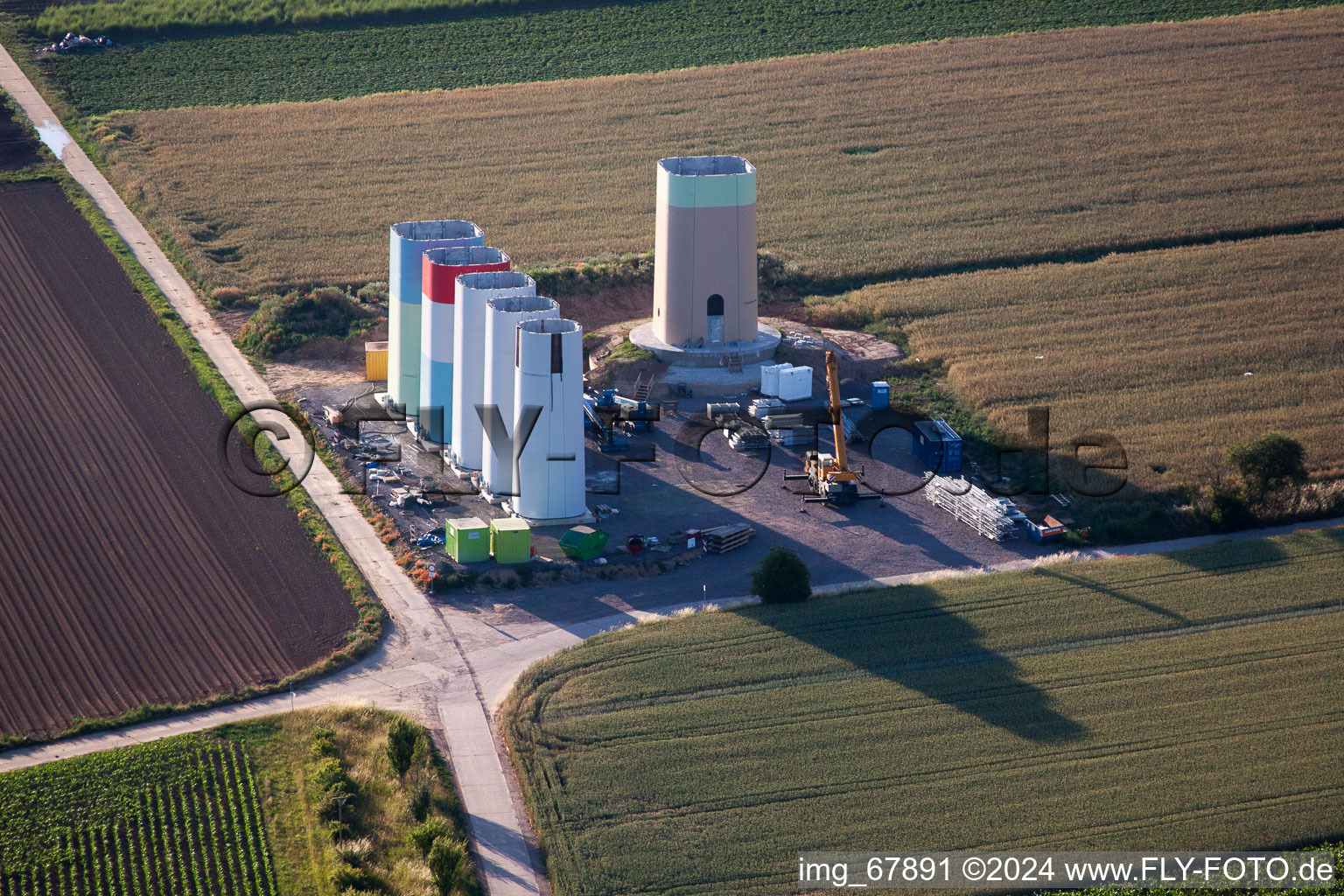 Drone image of New wind farm in the district Offenbach in Offenbach an der Queich in the state Rhineland-Palatinate, Germany