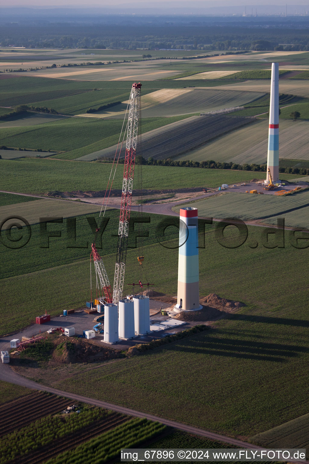 New wind farm in Offenbach an der Queich in the state Rhineland-Palatinate, Germany from a drone