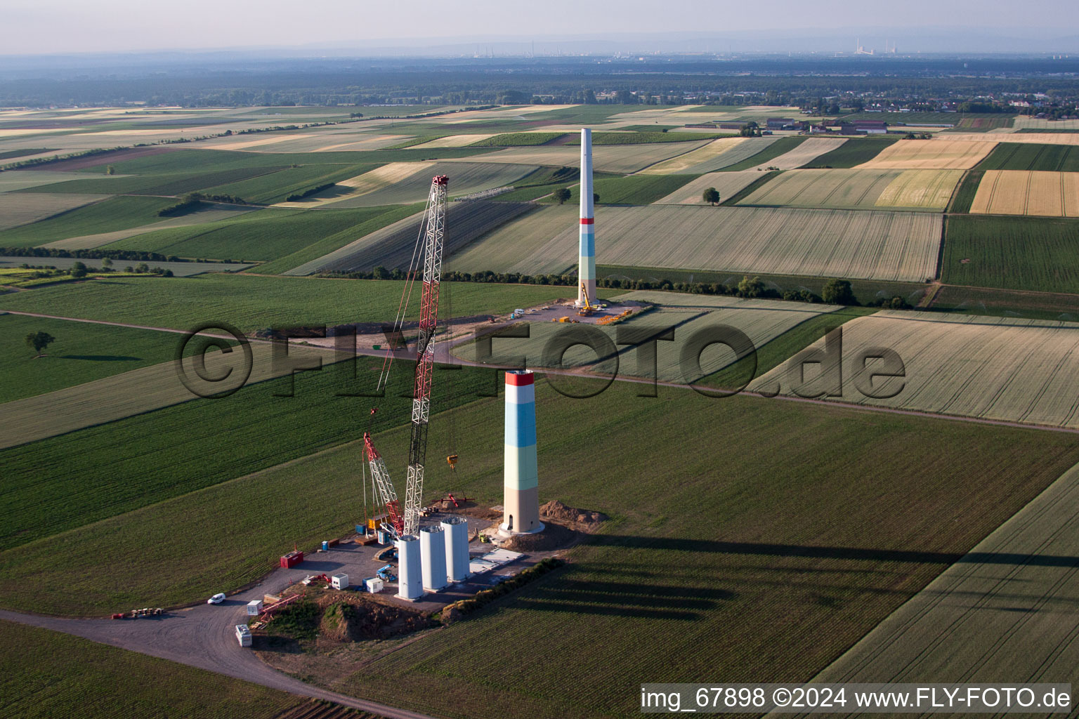 New wind farm in Offenbach an der Queich in the state Rhineland-Palatinate, Germany seen from a drone