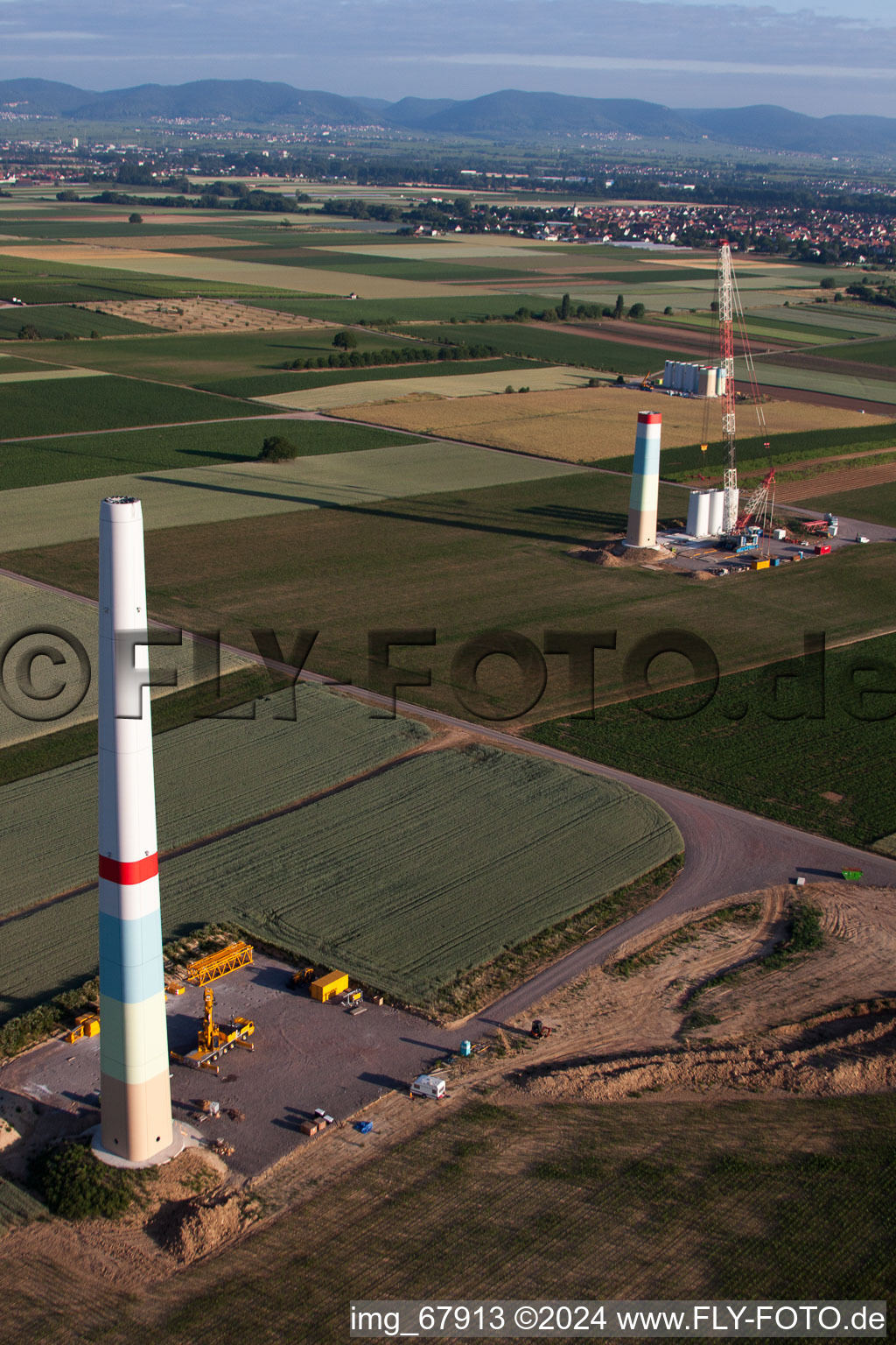 New wind farm in Offenbach an der Queich in the state Rhineland-Palatinate, Germany seen from above