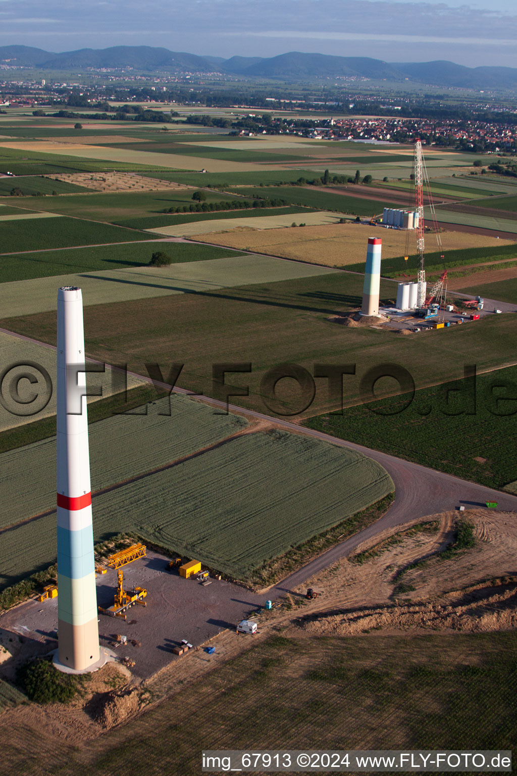 New wind farm in the district Offenbach in Offenbach an der Queich in the state Rhineland-Palatinate, Germany seen from above