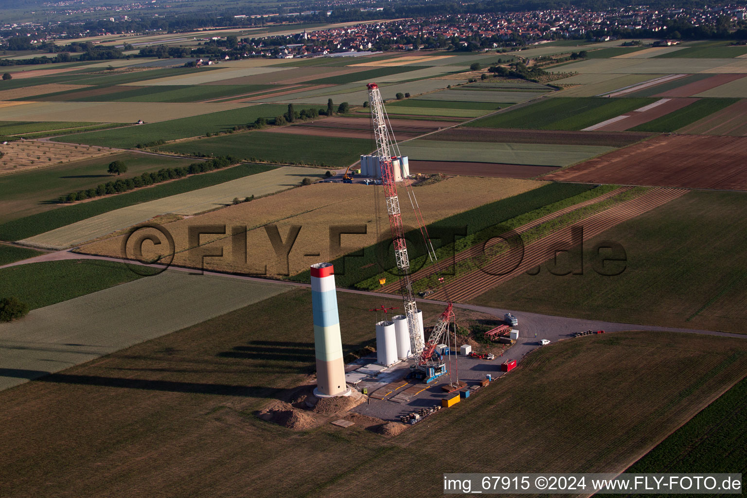 Bird's eye view of New wind farm in Offenbach an der Queich in the state Rhineland-Palatinate, Germany