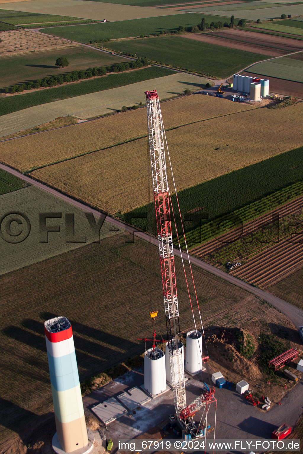 New wind farm in Offenbach an der Queich in the state Rhineland-Palatinate, Germany from the drone perspective
