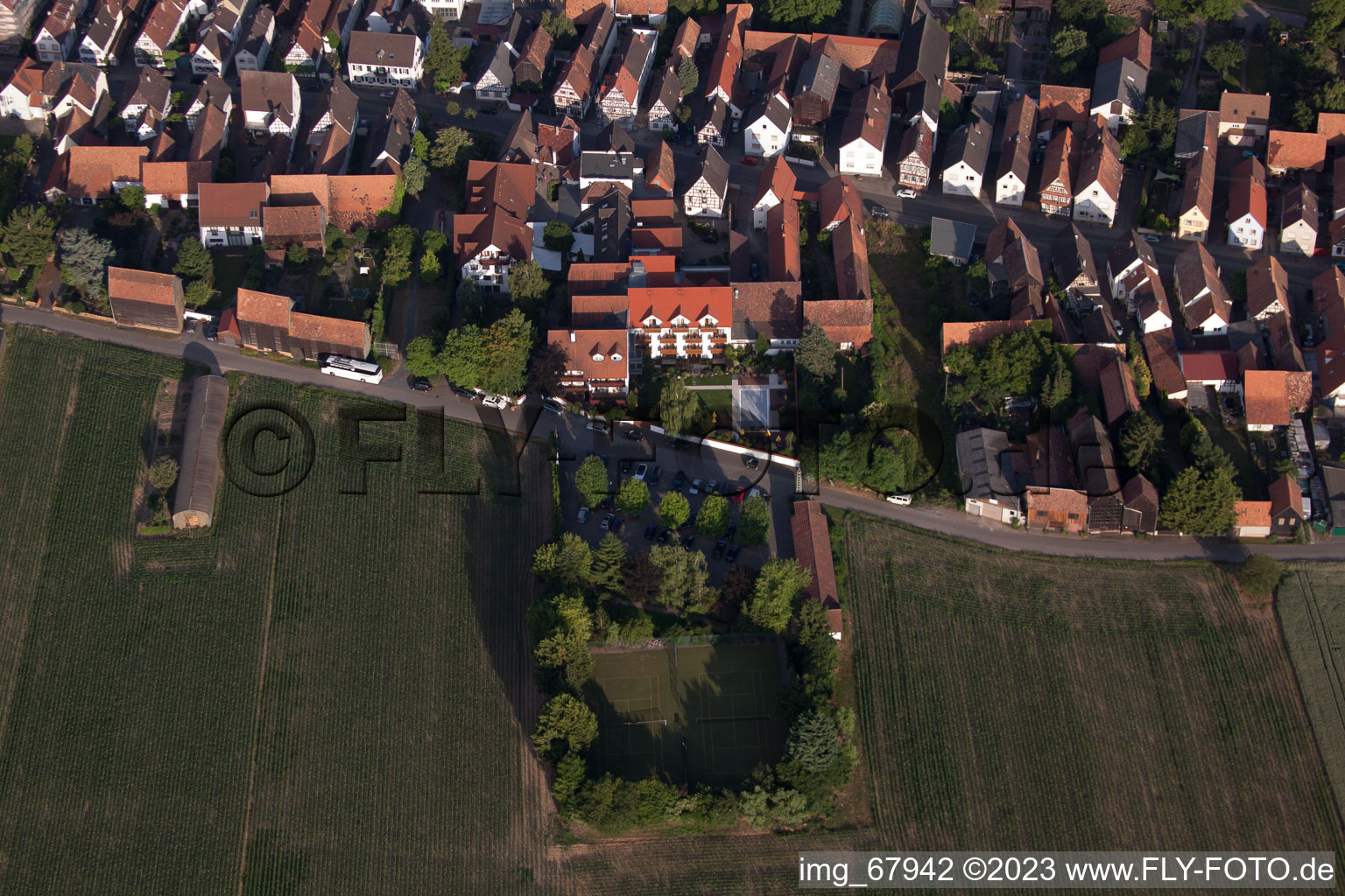 Hotel zur Krone in the district Hayna in Herxheim bei Landau/Pfalz in the state Rhineland-Palatinate, Germany seen from above