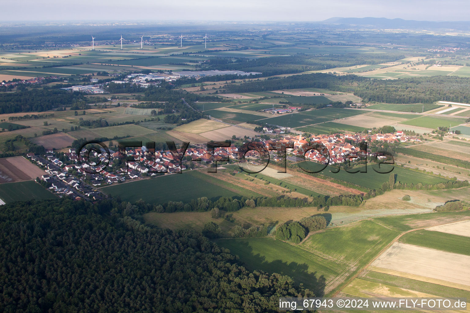 From northeast in Erlenbach bei Kandel in the state Rhineland-Palatinate, Germany viewn from the air