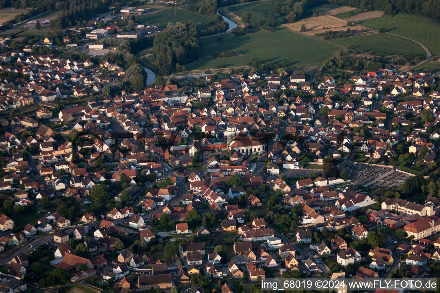 Drusenheim in the state Bas-Rhin, France from a drone