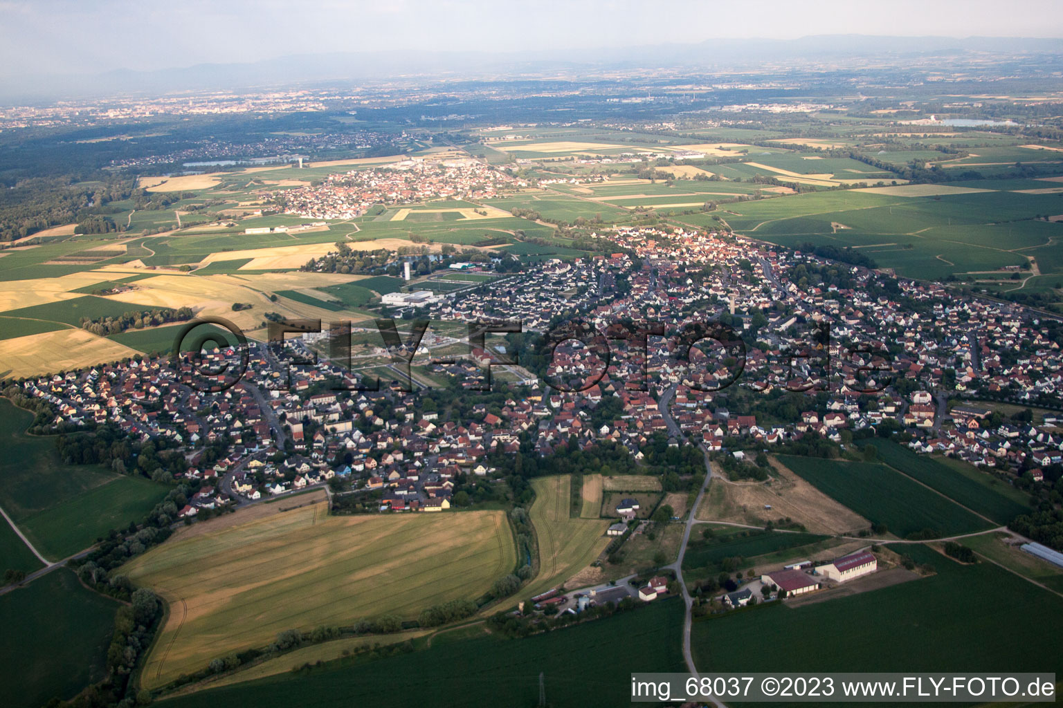 Gambsheim in the state Bas-Rhin, France from above