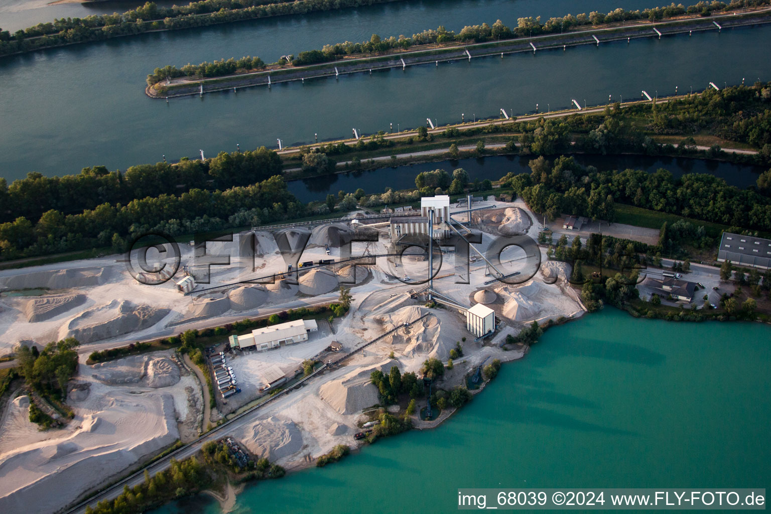 Aerial view of Greffern Rhine Lock in Gambsheim in the state Bas-Rhin, France