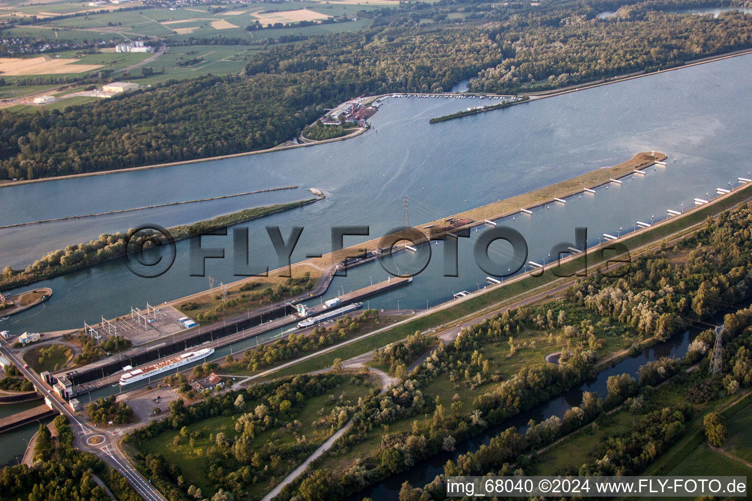 Aerial photograpy of Greffern Rhine Lock in Gambsheim in the state Bas-Rhin, France