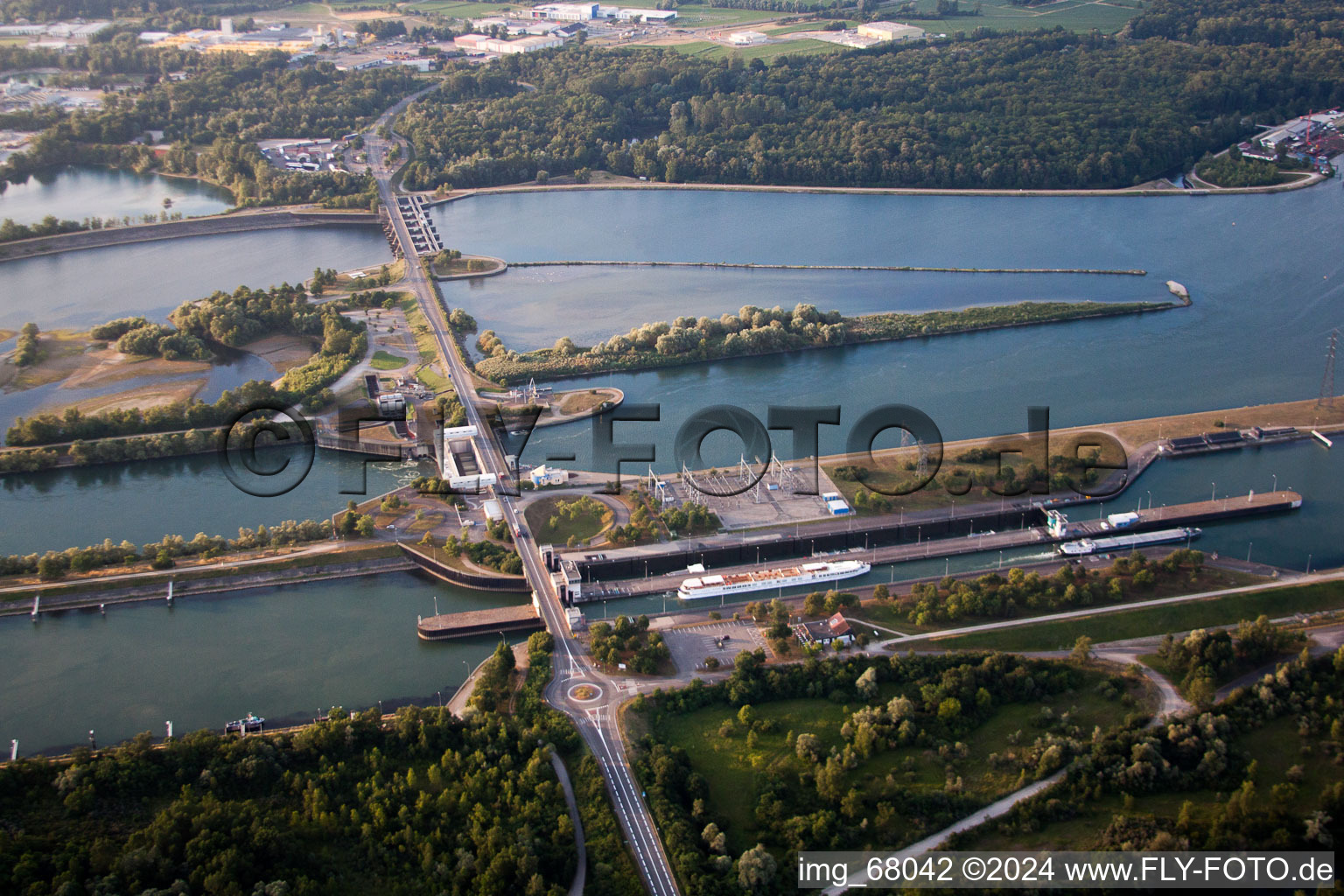 Aerial view of Locks - plants on the banks of the waterway of the Rhine in Elsass in Alsace-Champagne-Ardenne-Lorraine, France