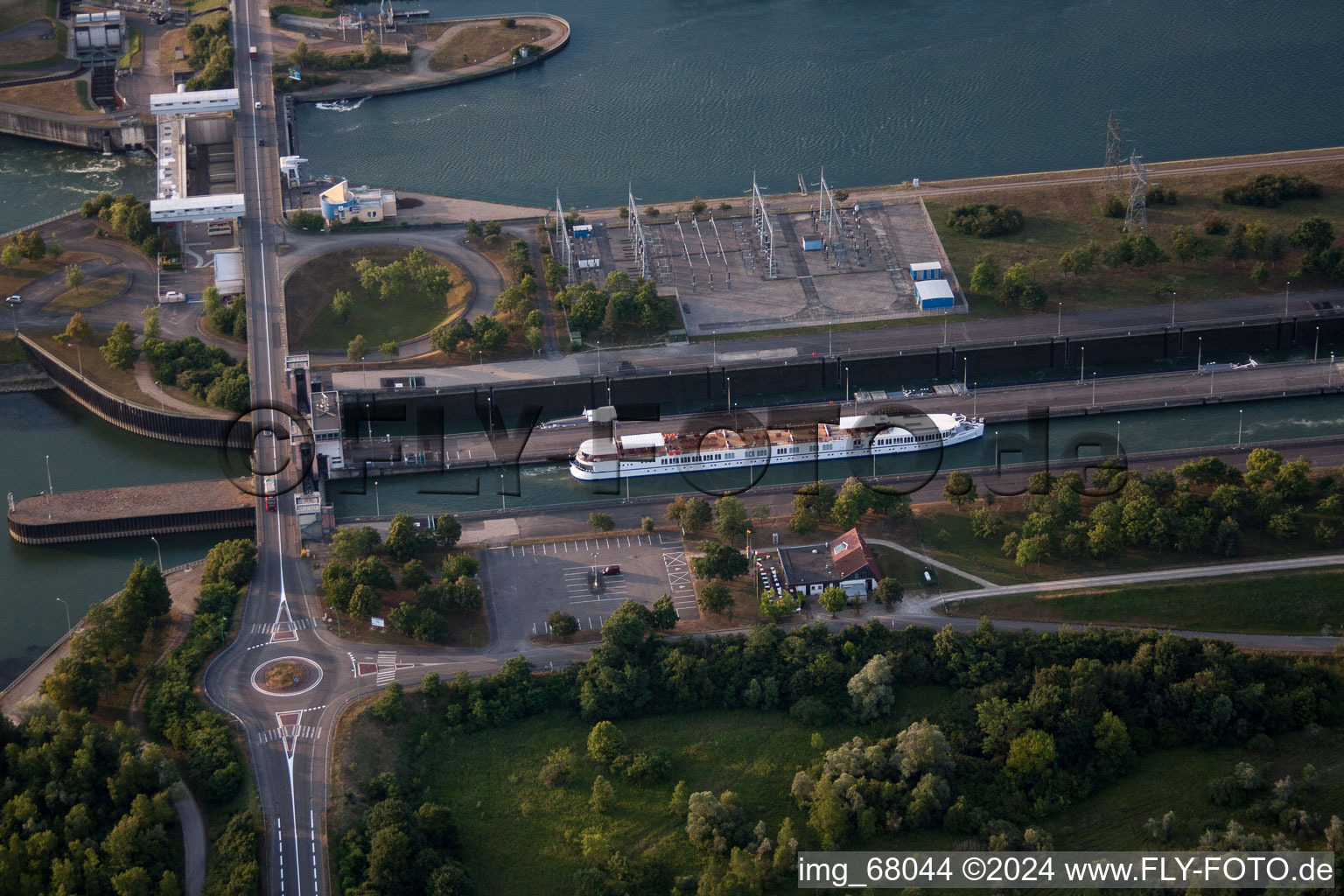 Oblique view of Greffern Rhine Lock in Gambsheim in the state Bas-Rhin, France