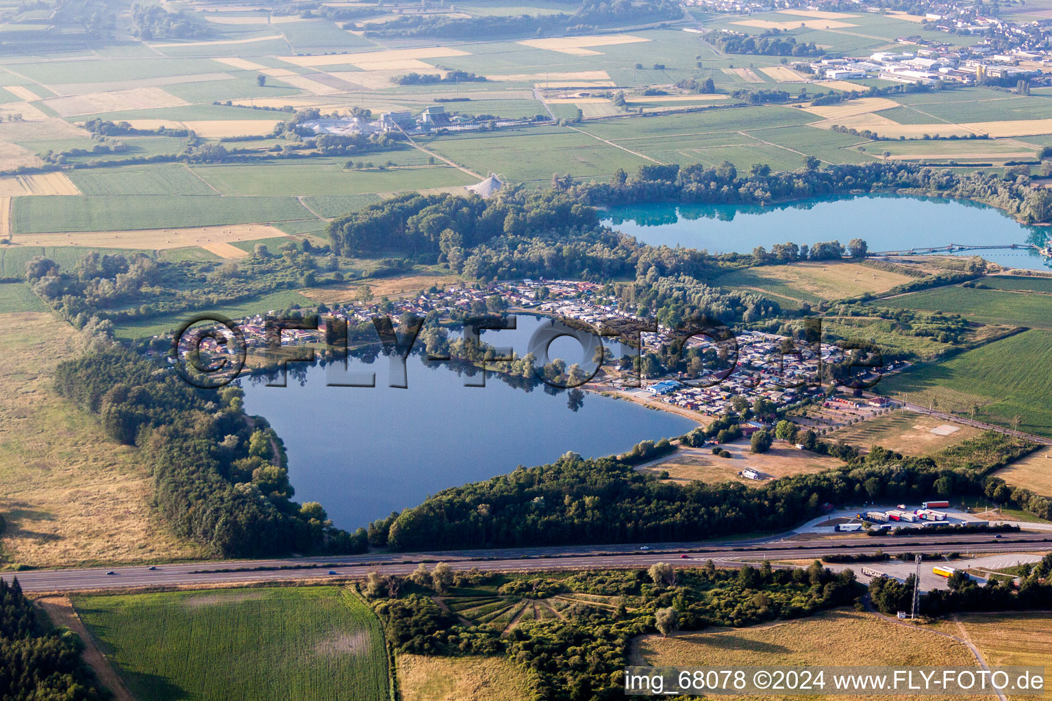 Aerial view of Camping with caravans and tents in Friesenheim in the state Baden-Wurttemberg, Germany