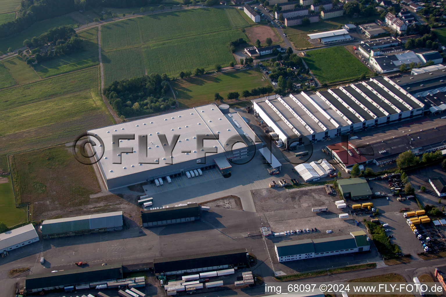 Aerial view of Warehouse complex-building in the industrial area Zehnder Group Deutschland GmbH in Lahr/Schwarzwald in the state Baden-Wurttemberg, Germany