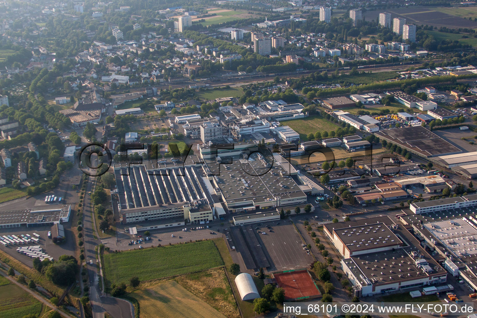 Aerial view of Industrial and commercial area Carl Benz Strasse hier Grohe AG in Lahr/Schwarzwald in the state Baden-Wurttemberg, Germany