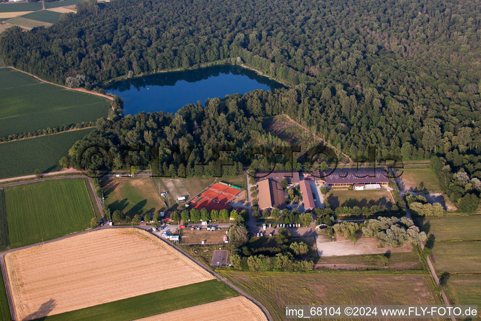 Aerial view of Building of stables of Reitverein Lahr e.V. in the district Kippenheimweiler in Lahr/Schwarzwald in the state Baden-Wurttemberg, Germany