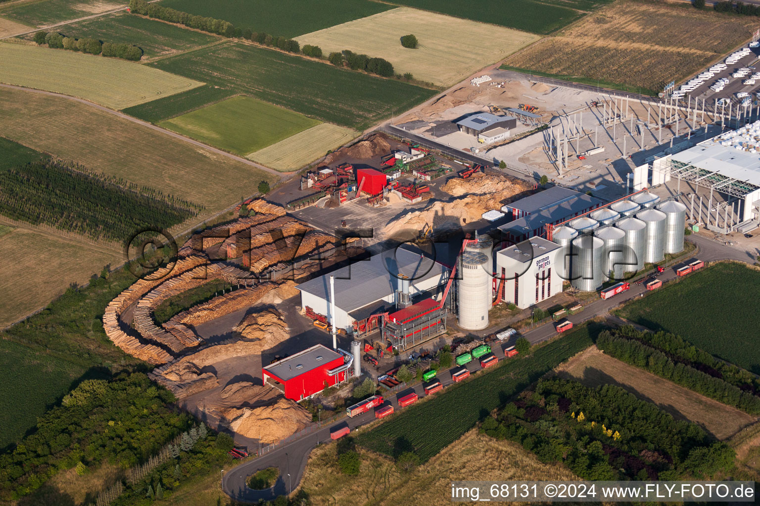 Aerial view of Building and production halls on the premises of German Pellets in Ettenheim in the state Baden-Wurttemberg, Germany