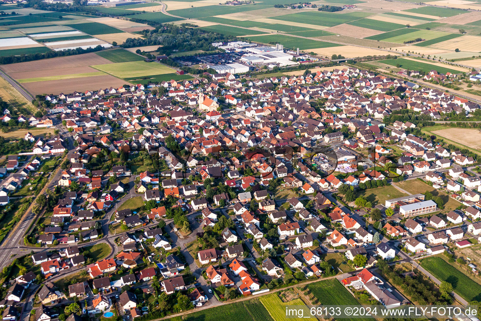 Aerial view of Town View of the streets and houses of the residential areas in Ringsheim in the state Baden-Wurttemberg, Germany