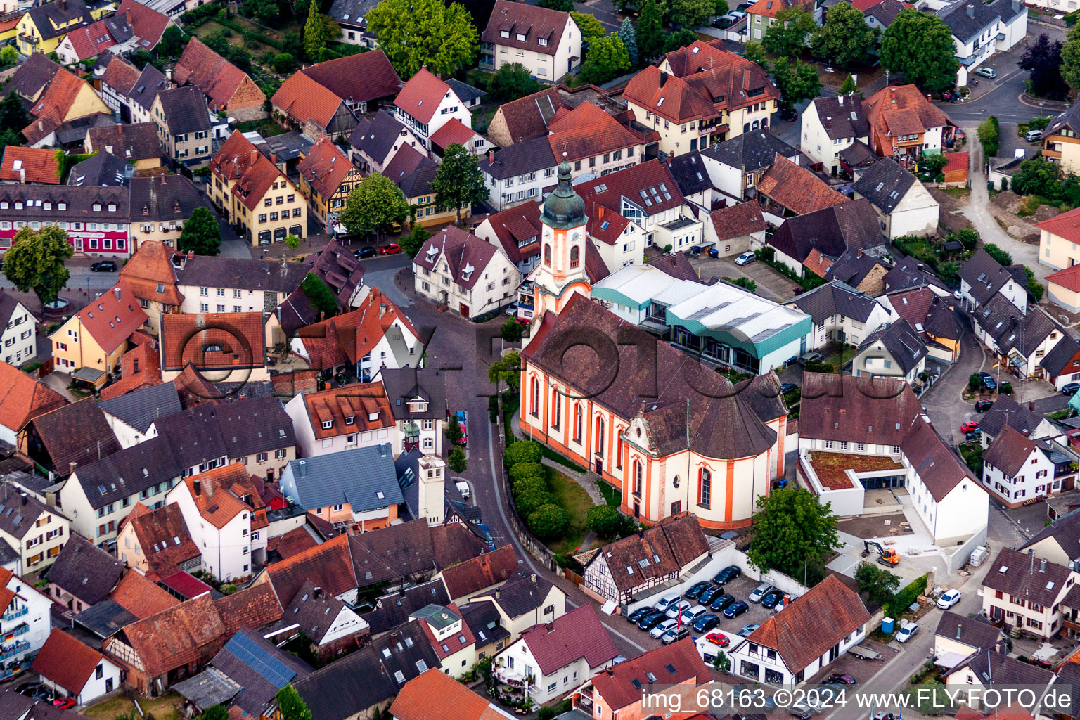 Aerial view of Church building in of the Church of St. Martin in Old Town- center of downtown in Riegel am Kaiserstuhl in the state Baden-Wurttemberg, Germany