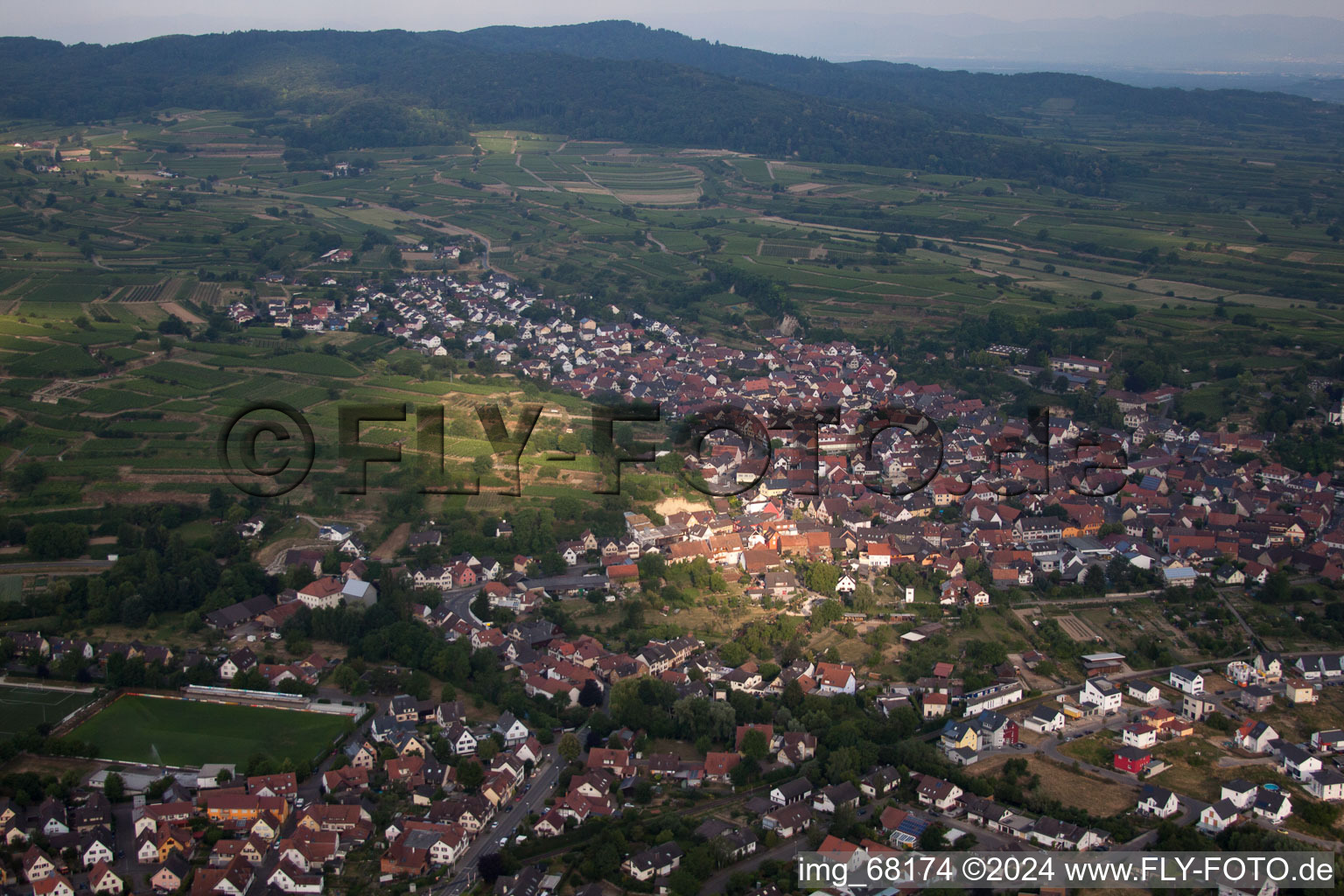 Aerial view of Town View of the streets and houses of the residential areas in Bahlingen am Kaiserstuhl in the state Baden-Wurttemberg