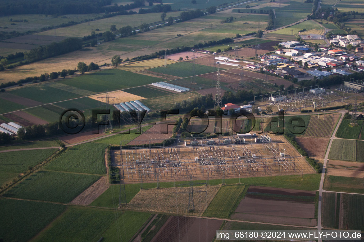 Aerial view of Site of the substation for voltage conversion and electrical power supply of ENBW in Eichstetten am Kaiserstuhl in the state Baden-Wurttemberg