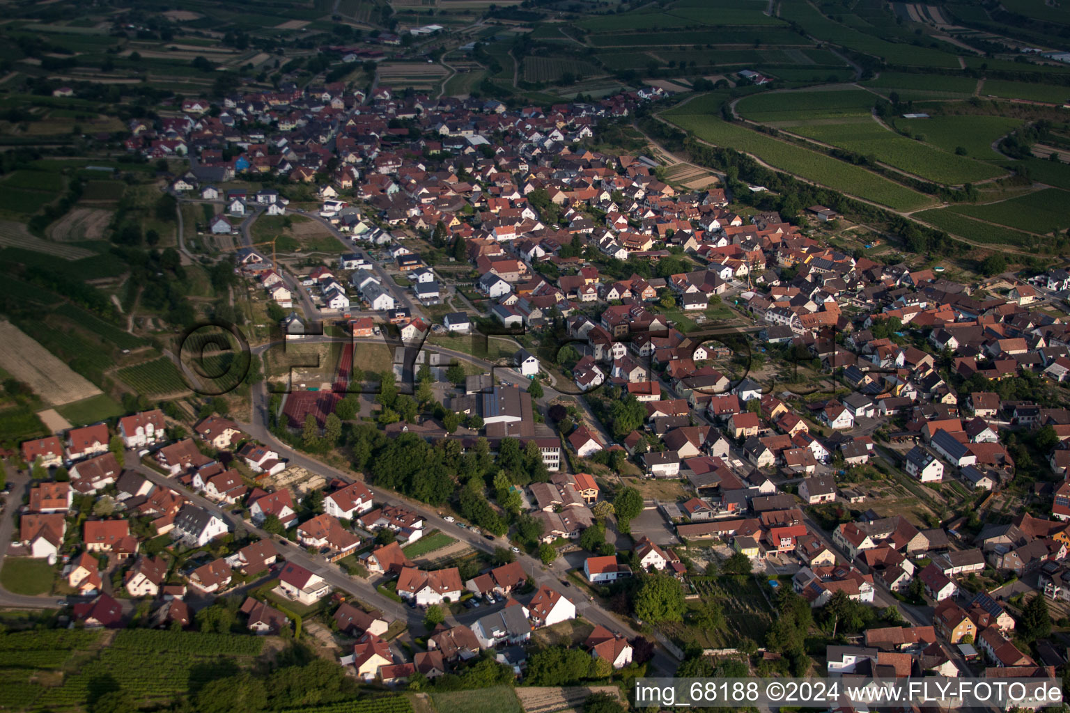 Drone recording of Eichstetten am Kaiserstuhl in the state Baden-Wuerttemberg, Germany