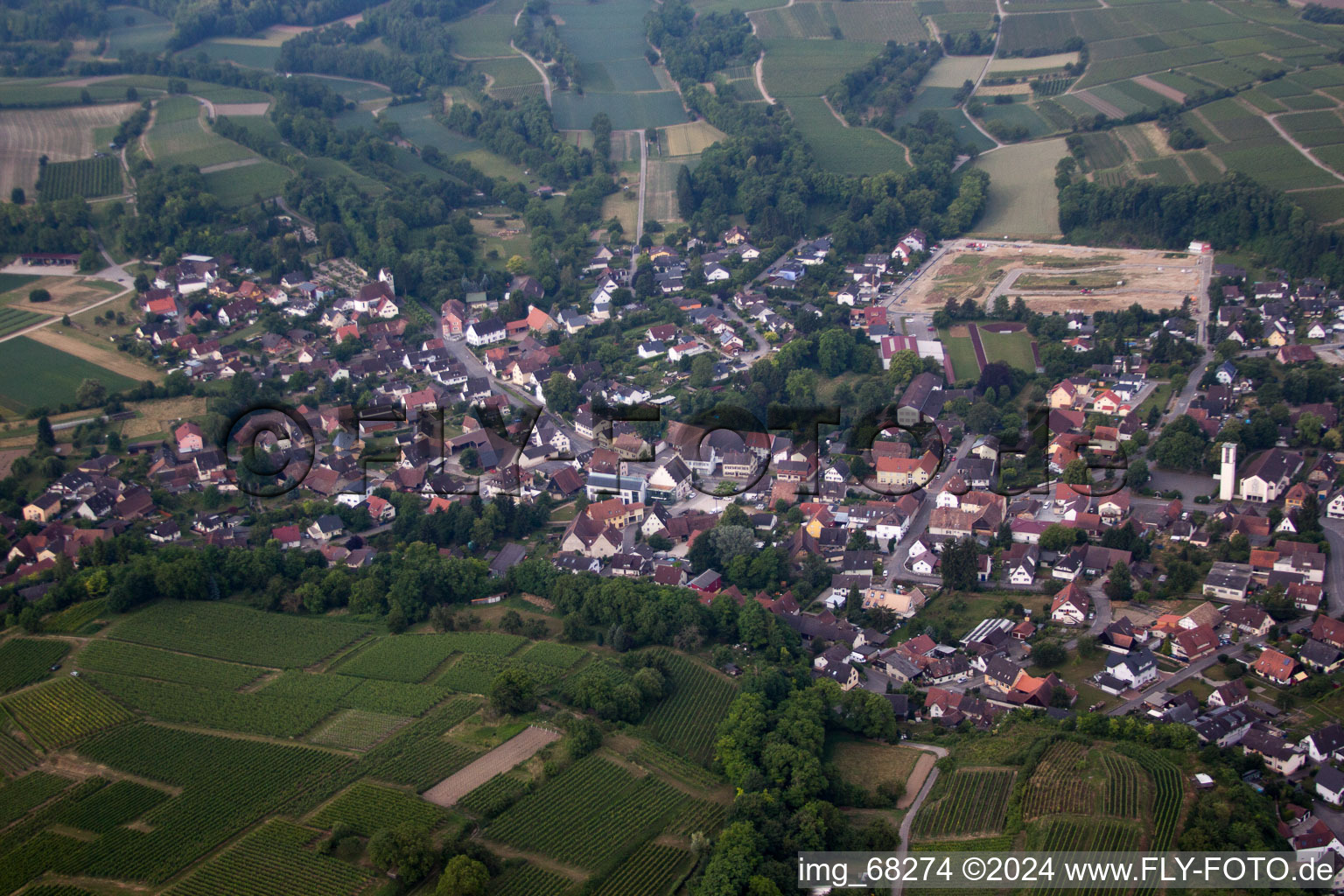 Aerial view of Town View of the streets and houses of the residential areas in Buggingen in the state Baden-Wurttemberg