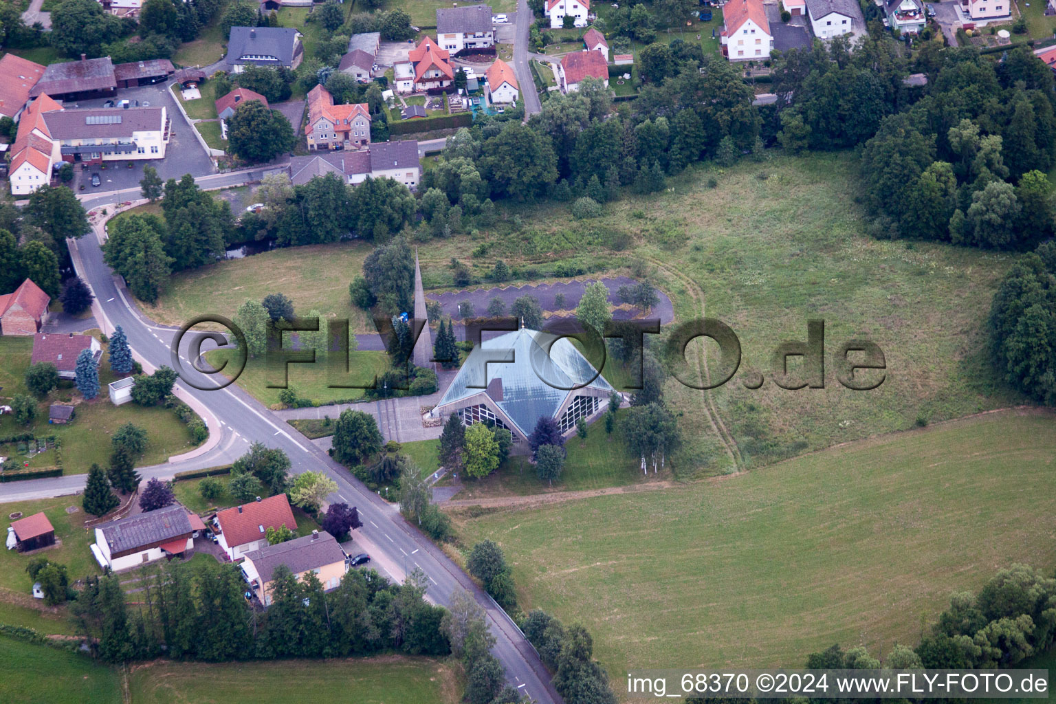 Aerial view of Church of the Holy Cross in the district Welkers in Eichenzell in the state Hesse, Germany