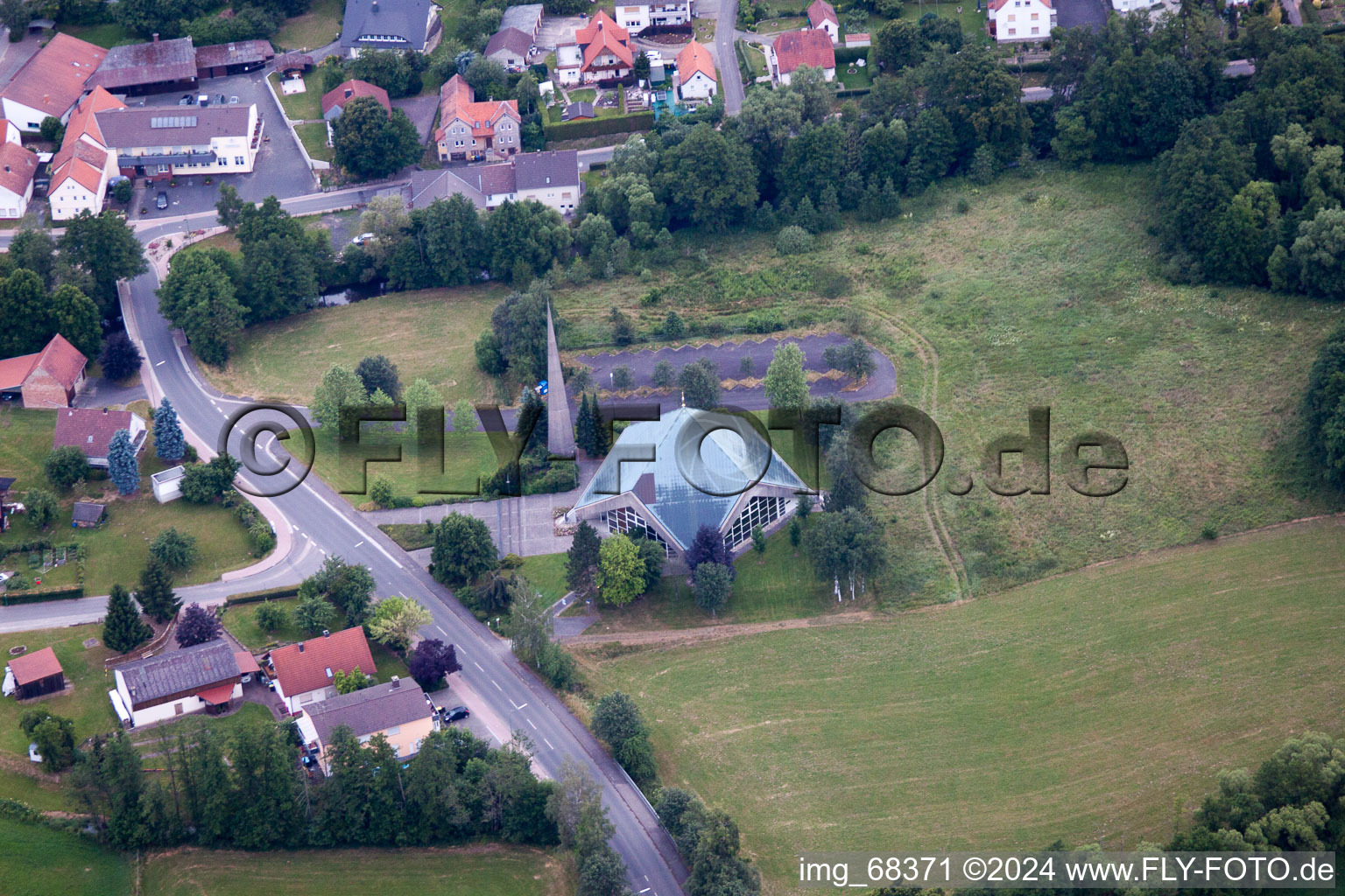 Aerial photograpy of Church of the Holy Cross in the district Welkers in Eichenzell in the state Hesse, Germany