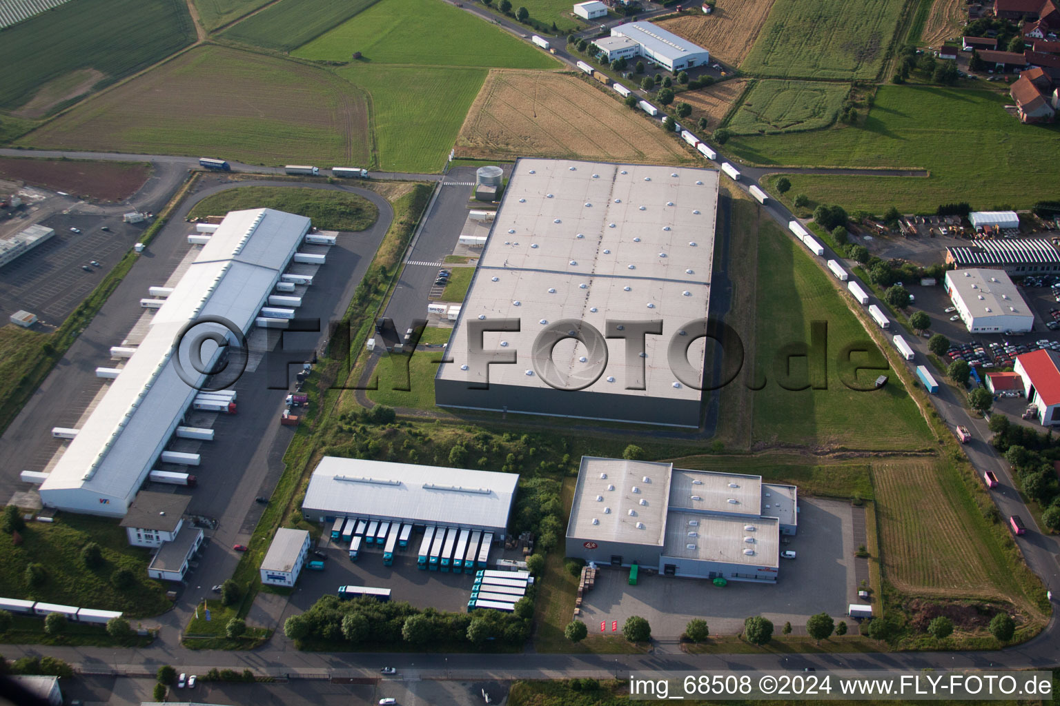 Aerial view of Warehouses and forwarding building of VTL Vernetzte-Transport-Logistik GmbH in Fulda in the state Hesse, Germany