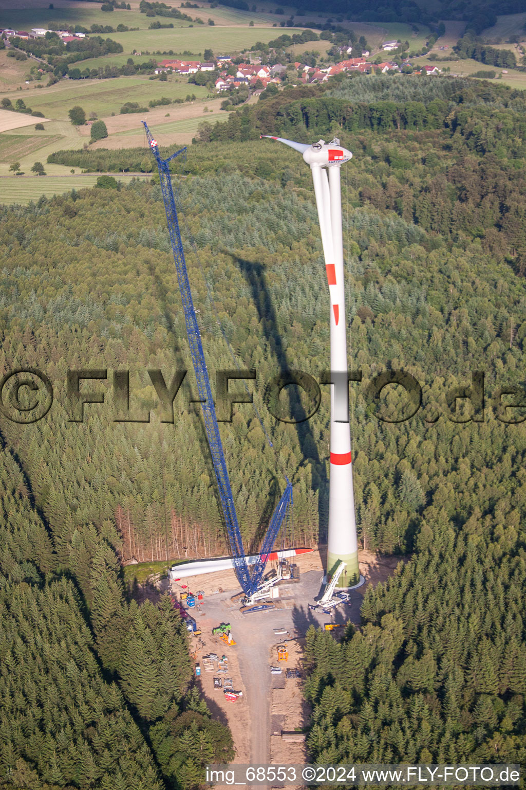 Oblique view of Construction site for wind turbine installation in Freiensteinau in the state Hesse, Germany