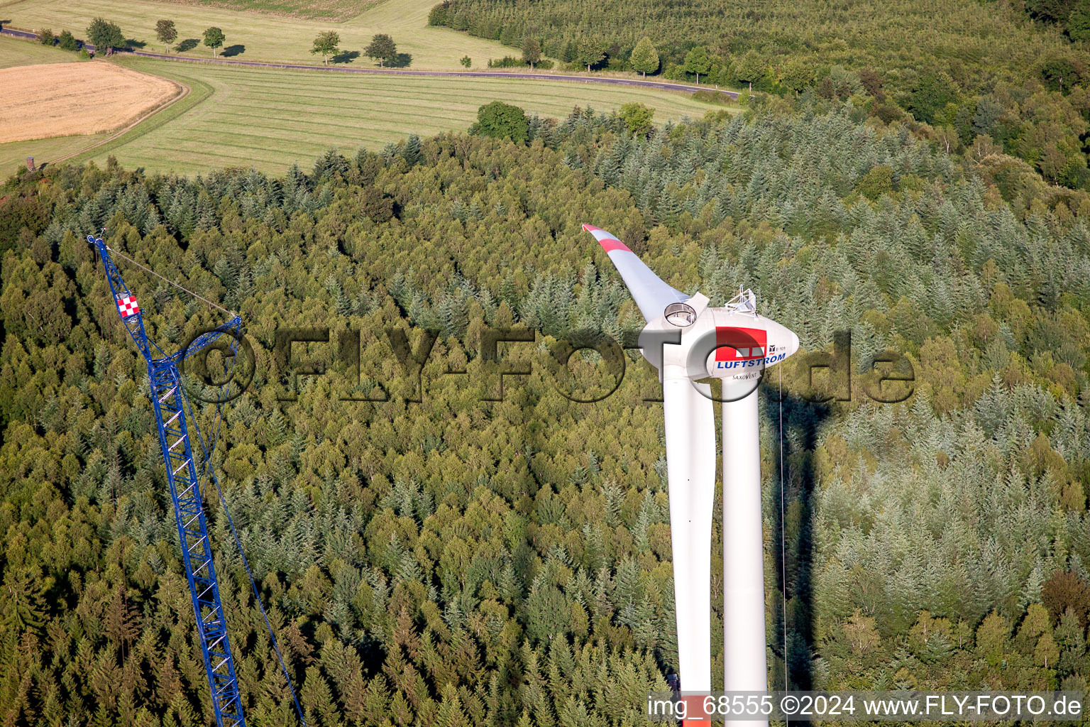 Construction site for wind turbine installation in Freiensteinau in the state Hesse, Germany from above