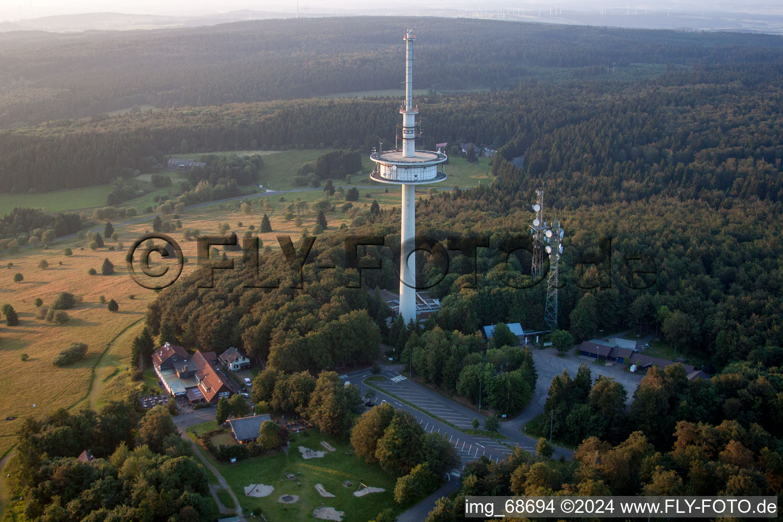 Radio tower and transmitter on the crest of the mountain range Hoherodskopf in Schotten in the state Hesse, Germany