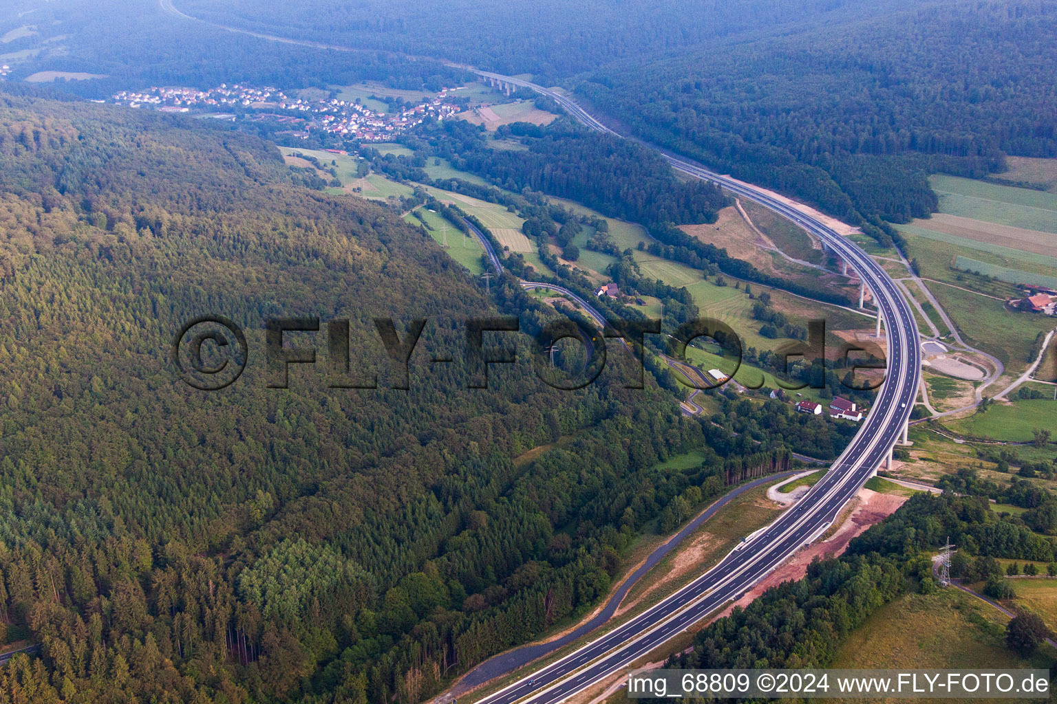 Lanes of the motorway- route and course of the A7 in Bad Brueckenau in the state Bavaria, Germany