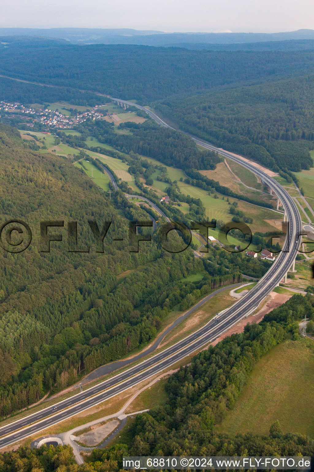 Highway- Construction site with earthworks along the route and of the route of the highway of A7 in Riedenberg in the state Bavaria, Germany