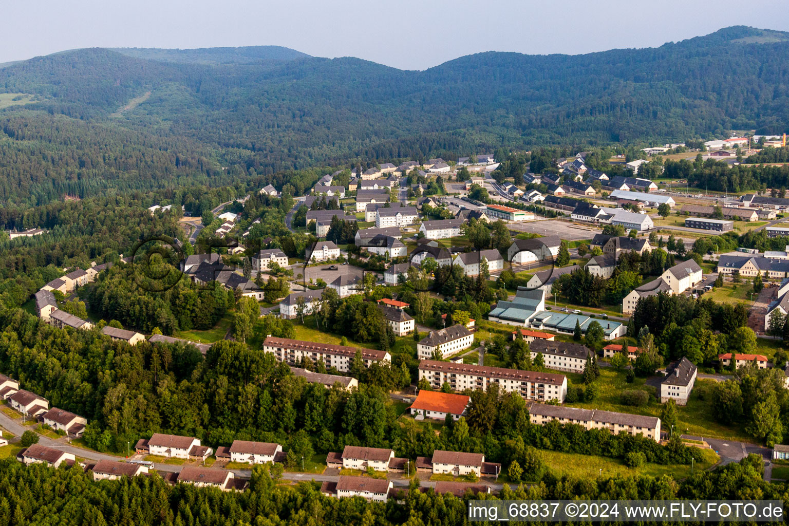 Aerial view of Building complex of the German army - Bundeswehr military barracks Wildflecken in Neuwildflecken in the state Bavaria, Germany